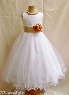 WHITE CHAMPAGNE SASH NEW WEDDING PARTY PAGEANT FLOWER GIRL DRESS 8 10