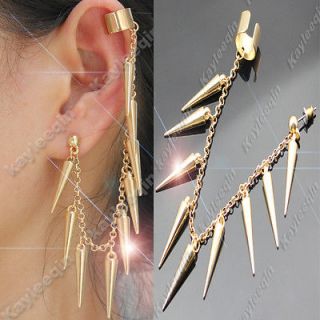 Top Gold Multi Spikes Stud Chain Link Ear Cuff Clip Wrap Earrings Goth
