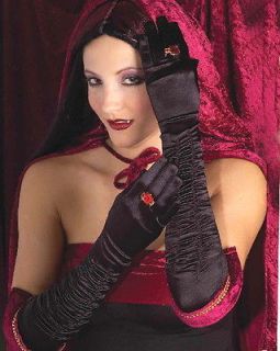 Vampiress Black Elbow Gloves with Red Gem Rings, Goth Cosplay Dracula