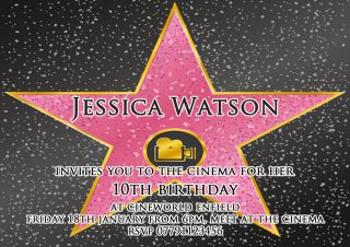 Personalised HOLLYWOOD STAR cinema birthday party invitations,10 ,25