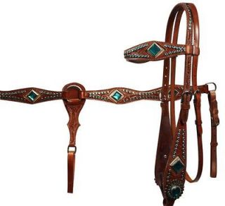 LEATHER BROWBAND HEADSTALL BRIDLE AND BREAST COLLAR TEAL RHINESTONES