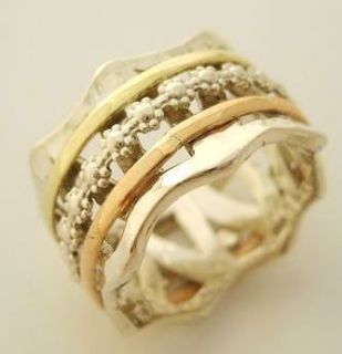 Silver Gold Wide Art Wedding Ring Spinner Bands Flower