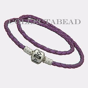 Pandora Silver Double Purple Leather Cord 16.2 Bracelet