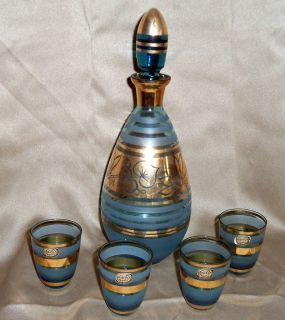 Liquor Bohemian Decanter Vintage Set Glass Gold Czech 4 Blue Glasses