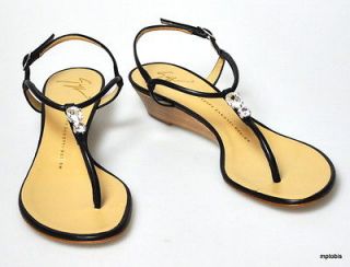 665 NIB Giuseppe Zanotti Jeweled Black Leather Thong Wedge Sandals 39