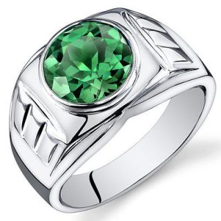 Mens 4.5 cts Round Cut Emerald Sterling Silver Ring Sizes 8 To 13