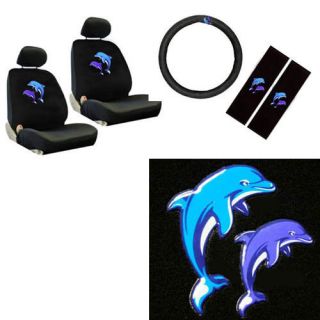 Blue Dolphin Front Bucket Car Seat Cover Set Steering Wheel Seat Belt