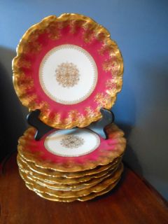 LS s Limoges France Cranberry w Gold Gild 9 1 2 Scalp Dinner Plates