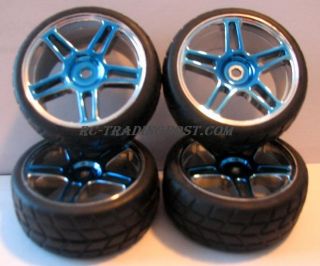 26mm RC Car Street Tires with Blue Chrome Wheels Complete Set