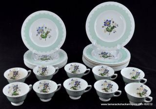  Hampton Court Pattern Green Corinthian Rim Cups Plates Blue Lily