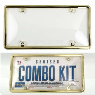 License Frame Gold Brass Rim with Clear Bubble Shield Combo Set 2 Sets