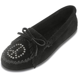 Minnetonka Womens Kilty Moc With Peace Sign Black Suede Shoes   330