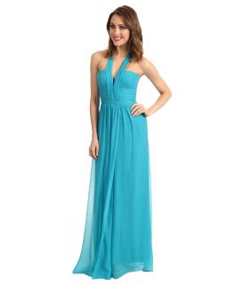 BCBGMAXAZRIA Starr Deep V Neck Silk Halter Dress Womens Dress (Blue)