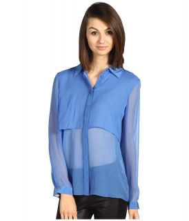 Tibi Silk Chiffon Shirt with Drape Back Womens Long Sleeve Button Up (Blue)