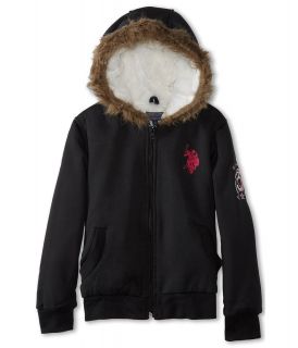 U.S. Polo Assn Kids Sherpa Lined Zip Front Hoodie with Faux Fur Trim Girls Sweatshirt (Black)