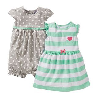 Carters Heart Romper and Dress Set   Girls newborn 24m, Mint Stripe, Girls