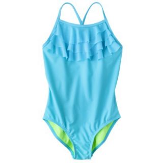 Xhilaration Girls 1 Piece Ruffle Swimsuit   Aqua S
