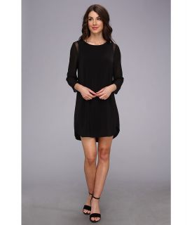 DKNYC Tech Crepe 3/4 Chiffon Sleeve Tunic Dress w/ Mesh Piecing Womens Dress (Black)