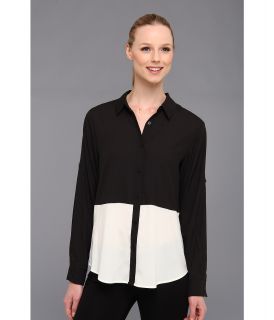 Calvin Klein Color Block Polyester Top w/ Buttons Womens Blouse (Black)