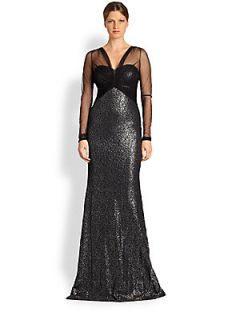 Badgley Mischka Metallic Lace & Tulle Gown   Black Silver