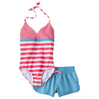 Xhilaration Girls Stripe 1 Piece Swimsuit and Short Set   Orange XL