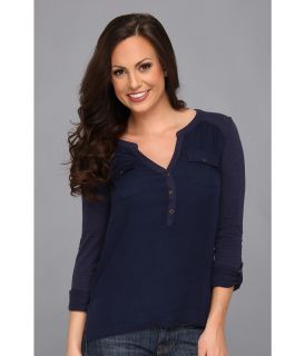 Lucky Brand Pocket Woven Front Top Womens Long Sleeve Pullover (Navy)