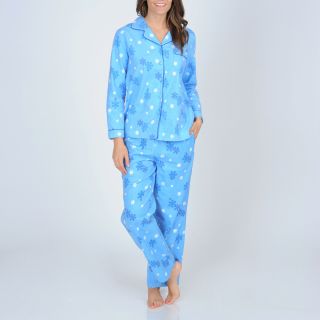 La Cera Womens Snowflake Print Flannel Pajama Set (BlueSnowflake printNotch collar necklineUnlinedLong sleevesTwo (2) side slit pant pockets, one (1) top chest pocketButton down shirt closurePull on pants with drawstring closureThe approximate length from
