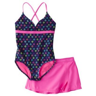 Xhilaration Girls Anchor 1 Piece Swimsuit and Cover Up Skirt Set   Blue/Pink XL