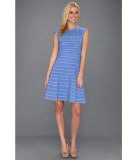 Halston Heritage Cap Sleeve Flare Skirt Dress w/ Contrast Stripes Womens Dress (Blue)