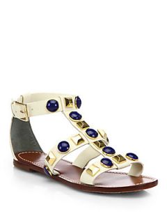 Tory Burch Vanna Studded Leather Flat Sandals   Ivory