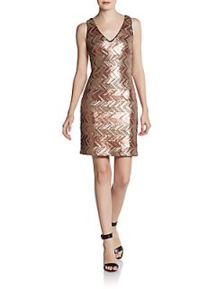 Sequined Zigzag Faux Leather Cocktail Dress   Rust