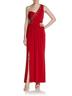 One Shoulder Draped Gown   Rose Red