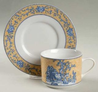 American Atelier English Toile Blue Flat Cup & Saucer Set, Fine China Dinnerware