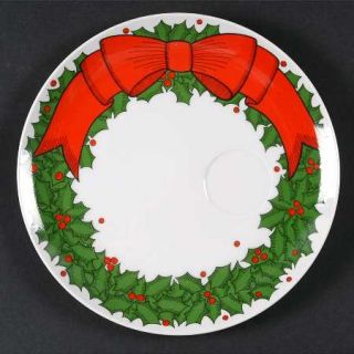 Fitz & Floyd Holly Wreath Snack Plate, Fine China Dinnerware   Green Holly, Red