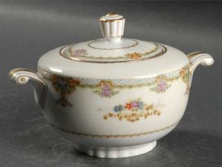 Narumi Princess Sugar Bowl & Lid, Fine China Dinnerware   Green & Tan Edge,Flora