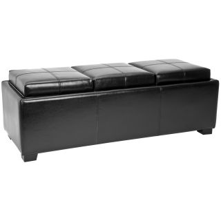 Safavieh Broadway Triple Tray Black Leather Storage Ottoman (BlackMaterials Bicast leather, woodFinish Dark CherryDimensions 17 inches high x 47 inches wide x 18 inches deep )