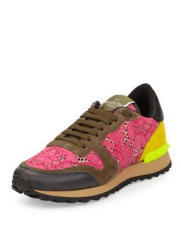 Lace and Suede Stud Trim Sneaker, Fuchsia/Yellow   Valentino