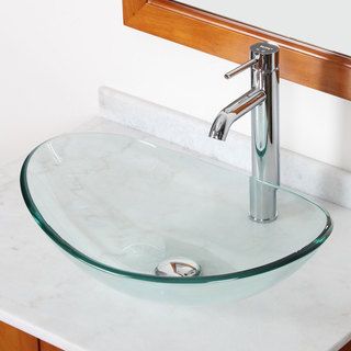 Elite Gd33f371023c Tempered Bathroom Glass Vessel Sink W. Unique Oval Shape With Faucet Combo (Transparent Technology Interior/Exterior Both Dimensions 21 inches x 14 inches and 4.5 inches 6.5 inches high; 0.5 inches ThickFaucet settings Vessel Style F
