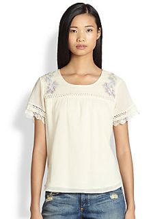 Beyond Vintage Embroidered Lace Trimmed Cotton Top   Ivory