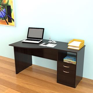 Inval Espresso Curved Top Desk (Espresso, wengeMaterials Melamine, engineered wood, metalFinish Laminated in double faced durable espresso/wenge melamineStain, heat and scratch resistant1 inch thick top with 1 mm edge bandingOne (1) accessory drawer wit