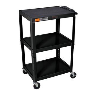 H. Wilson Metal Black Open Shelf Utility Audio Visual Cart (BlackNumber of shelves Three (3)Shelves have .25 inch retaining lipMiddle shelves have holes for cable management Shelves are arc weldedFour 4 inch silent roll, full swivel ball bearing castersI