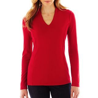 Liz Claiborne Long Sleeve Solid High Back Knit Tee, Cherry Cordial, Womens