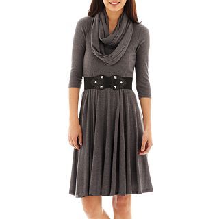 Robbie Bee Infinity Scarf Belted Sweater Dress   Petite, Charcoal