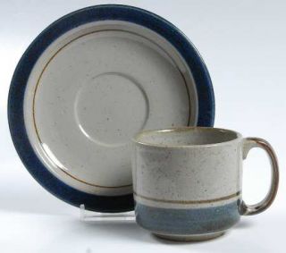 Otagiri Mariner Flat Cup & Saucer Set, Fine China Dinnerware   Blue Rim,Gray Cen