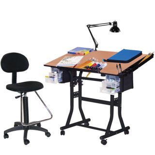 Martin Black Creation Station Drafting Table, Chair, Lamp And Tray Set (Cherrywood top, black baseMaterials Press board, steel, plastic, cloth, foamLamp requires one (1) 60 watt bulb (not included)Chair seat adjusts from 25 to 34 inches highTable dimensi