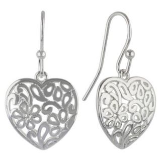 Womens Silver Plate Dangle Earrings Heart With Bali Design   Silver