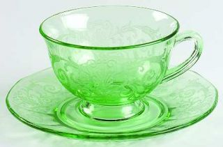 Fostoria Versailles Green Footed Cup & Saucer Set   Stem #5098,Etch #278, Green