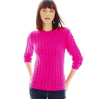 JOE FRESH Joe Fresh 3/4 Sleeve Cable Sweater, Pink, Womens