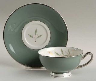 Syracuse Splendor Footed Cup & Saucer Set, Fine China Dinnerware   Green Band,Gr