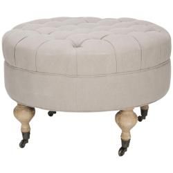 Safavieh Florence Beige Tufted Round Ottoman (BeigeMaterials Oak Wood and Linen FabricFinish Pickled OakDimensions 18.3 inches high x 27.2 inches wide x 27.2 inches deep )
